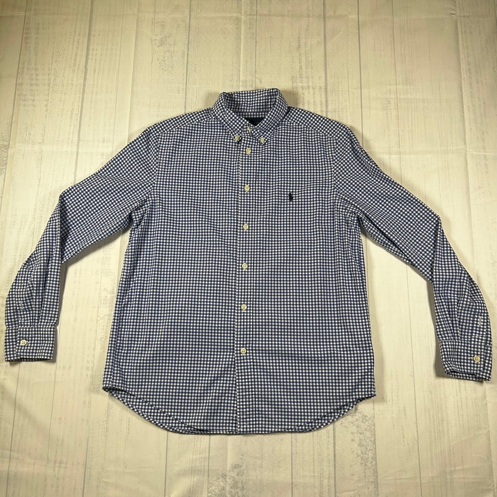 Ralph Lauren Mens Gingham Button Down Shirt Blue White Natural Stretch Large L